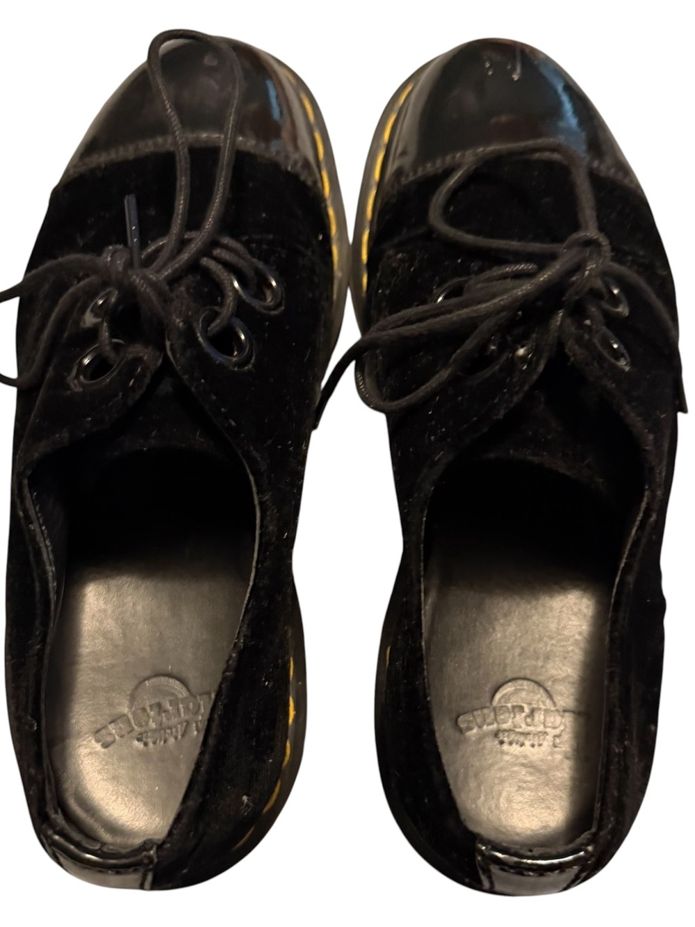 Dr Martens ~ Black Velvet Shoes ~ Velvet w/ Patent Leather Toes & Heel Strip - Picture 7 of 9